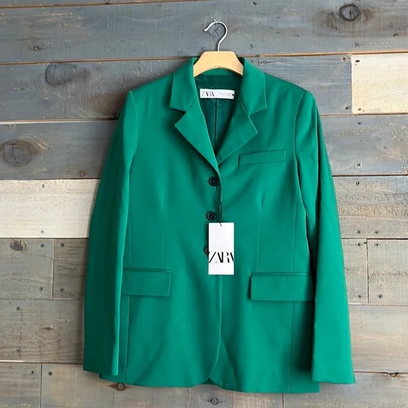 Zara Wool Blend Straight Cut Green Blazer 3 Button - Picture 5 of 15
